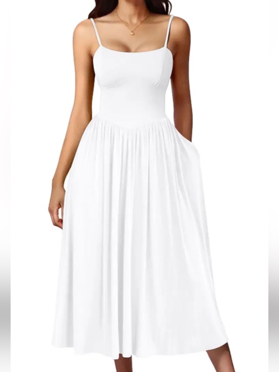 OYS Dresses & Skirts - OYS Midi Dress Sleeveless Square Neck A-Line Flowy Back Tie Pockets White S NWT